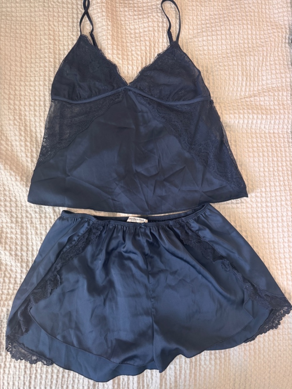 A&F Silk-Like Navy Lace Trim Cami & Shorts Sleep Set